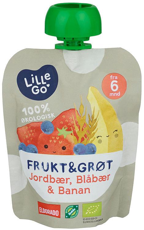 Frukt&amp;Grøt Jordb/Blåb Økol 6mnd 90g Lillego