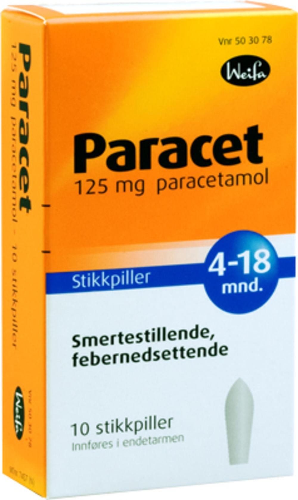 Paracet Stikkpille 4-18 mnd, 125mg, 10 stk