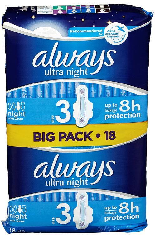 Always Ultra Nr 3 Night+ 18stk Big Pack