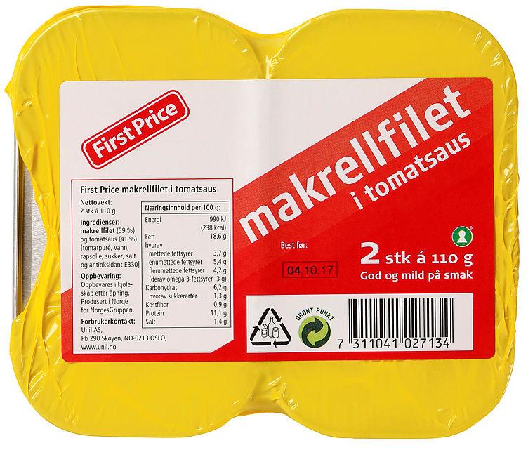 Makrellfilet i Tomat 2x110g First Price